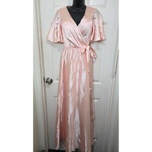 Hebeos Satin Wrap Maxi Dress Womens 4 Pink Flutter Sleeve Formal Gown Evening